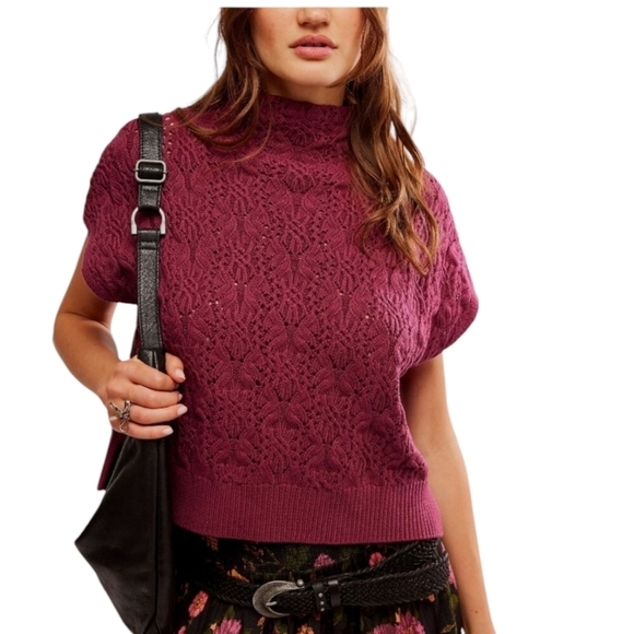 Free People Vickie Mock Chunky Cable Knit Sweater Sleeveless Plum - Picture 1 of 8